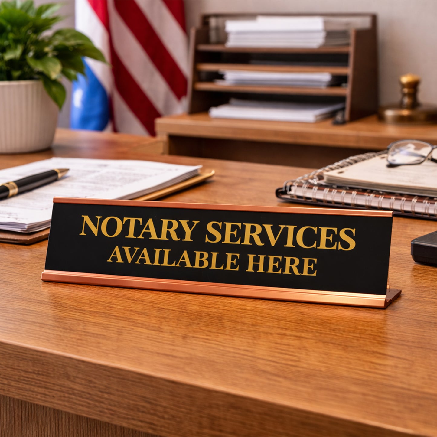 Signs ByLITA Notary Services Available Here Gold Frame Desk Sign (2x8")