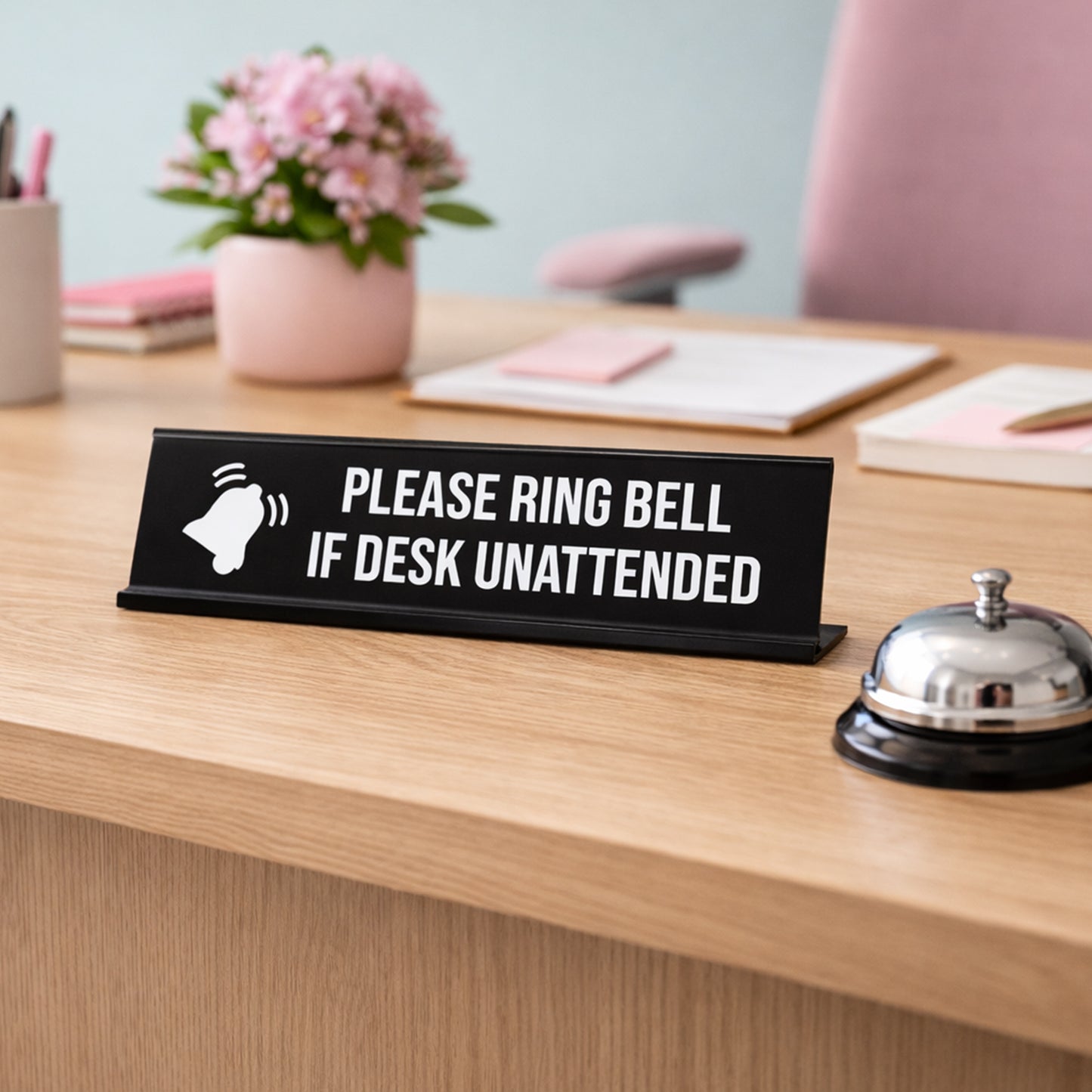 Please Ring Bell If Desk Unattended, BW Black Frame, Desk Sign (2x8")