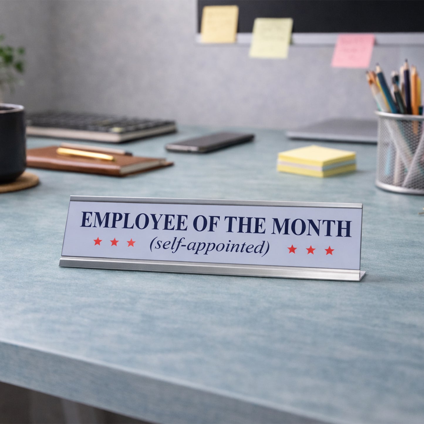 Self-Appointed Employee of the Month Desk Sign (2" x 8") – Funny Office Desk Decor – Novelty Workplace Nameplate