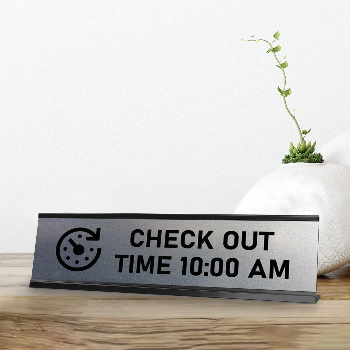 Signs ByLITA Check Out Time 10:00 am Black Frame Desk Sign (2x8")