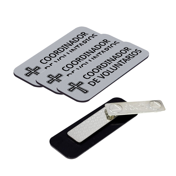 Coordinador de Voluntarios (Cross) Rounded Corners Name Tag/Badge, 1 x 3" Name Tags with Magnet Backing, Spanish Church Staff Badge Multipack