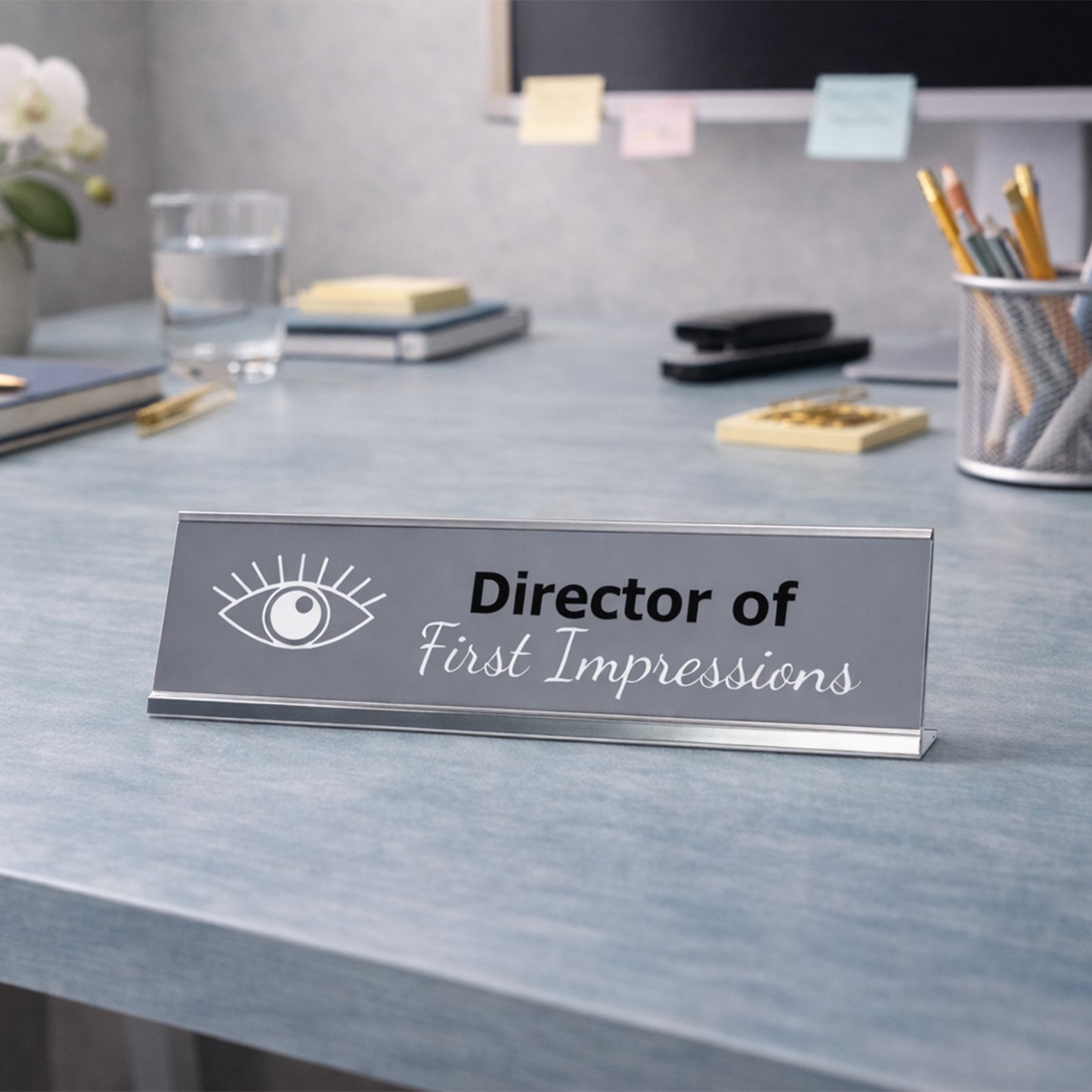 Director of First Impressions, Silver Frame Desk Sign (2x8)