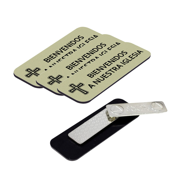 Bienvenidos a Nuestra Iglesia (Cross) Rounded Corners Name Tag/Badge, 1 x 3" Name Tags with Magnet Backing, Spanish Church Staff Badge Multipack