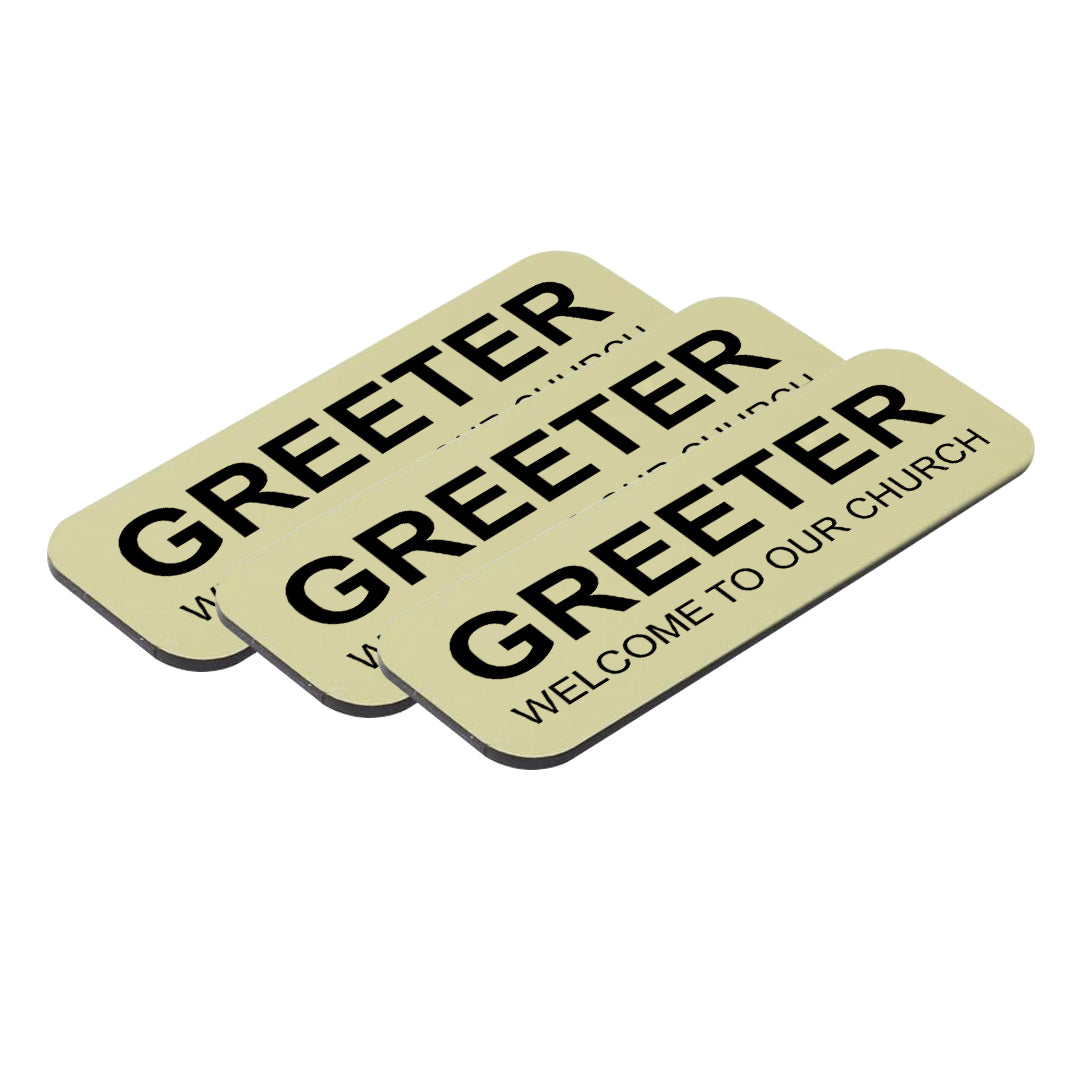 Brushed Gold Greeter Welcome To Our Church 1 x 3" Name Tag (3 Pack)