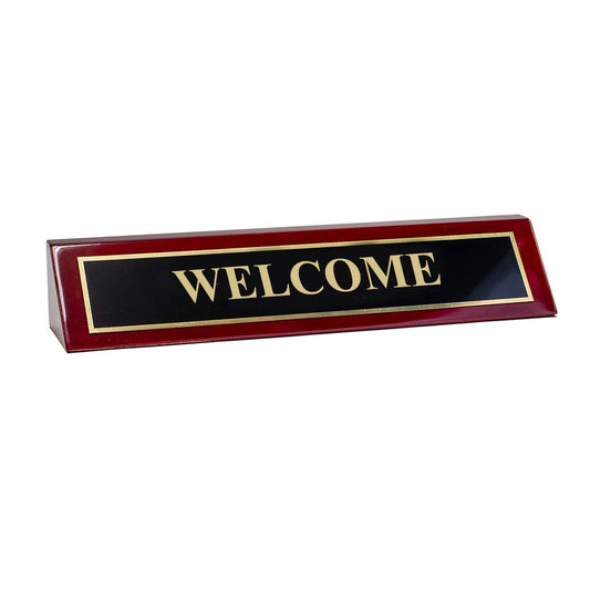 Piano Finished Rosewood Standard Engraved Desk Name Plate 'Welcome', 2" x 8", Black/Gold Plate