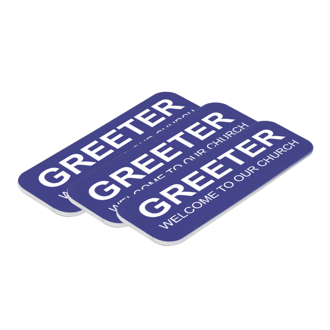 Blue Greeter Welcome To Our Church 1 x 3" Name Tag (3 Pack)