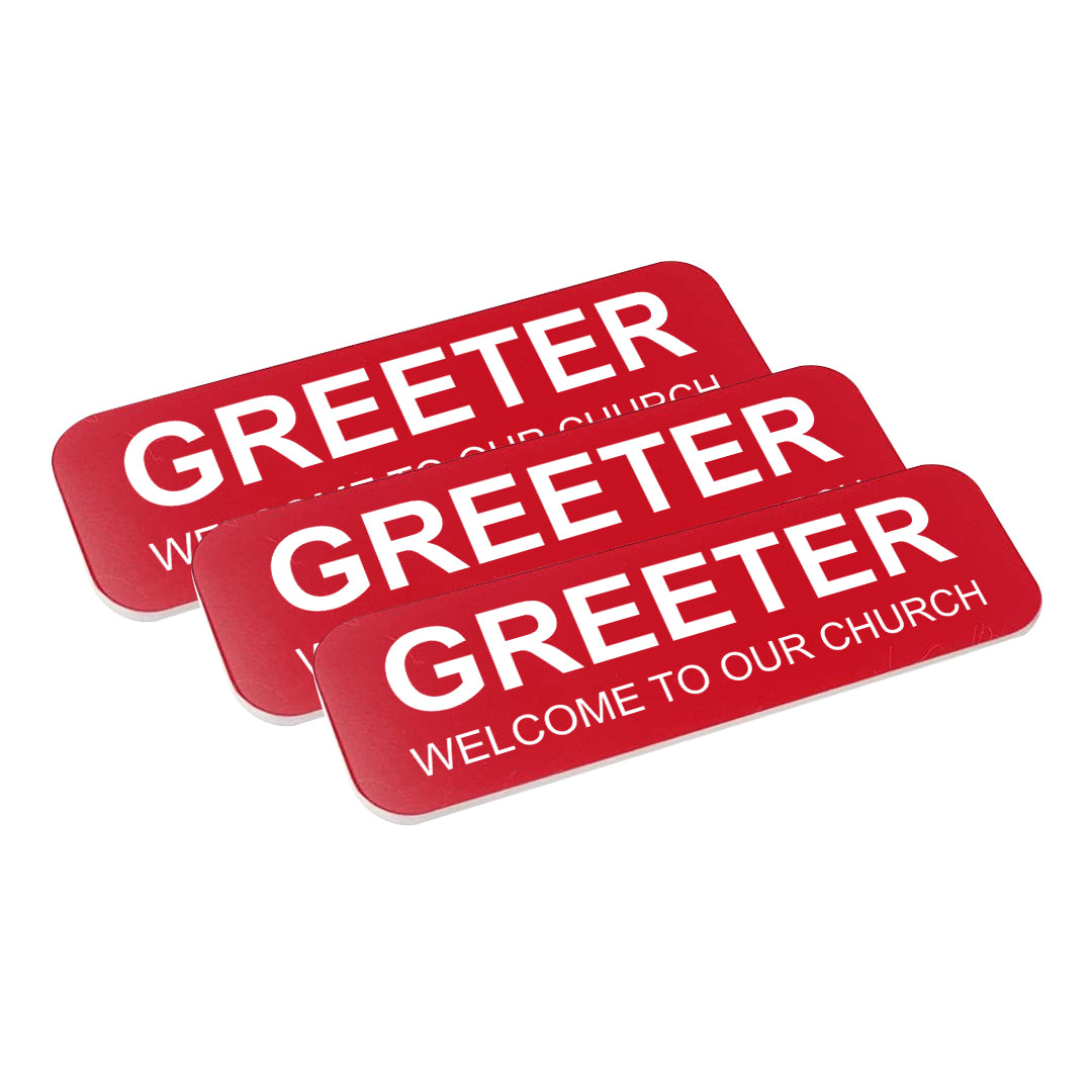 Red Greeter Welcome To Our Church 1 x 3" Name Tag (3 Pack)