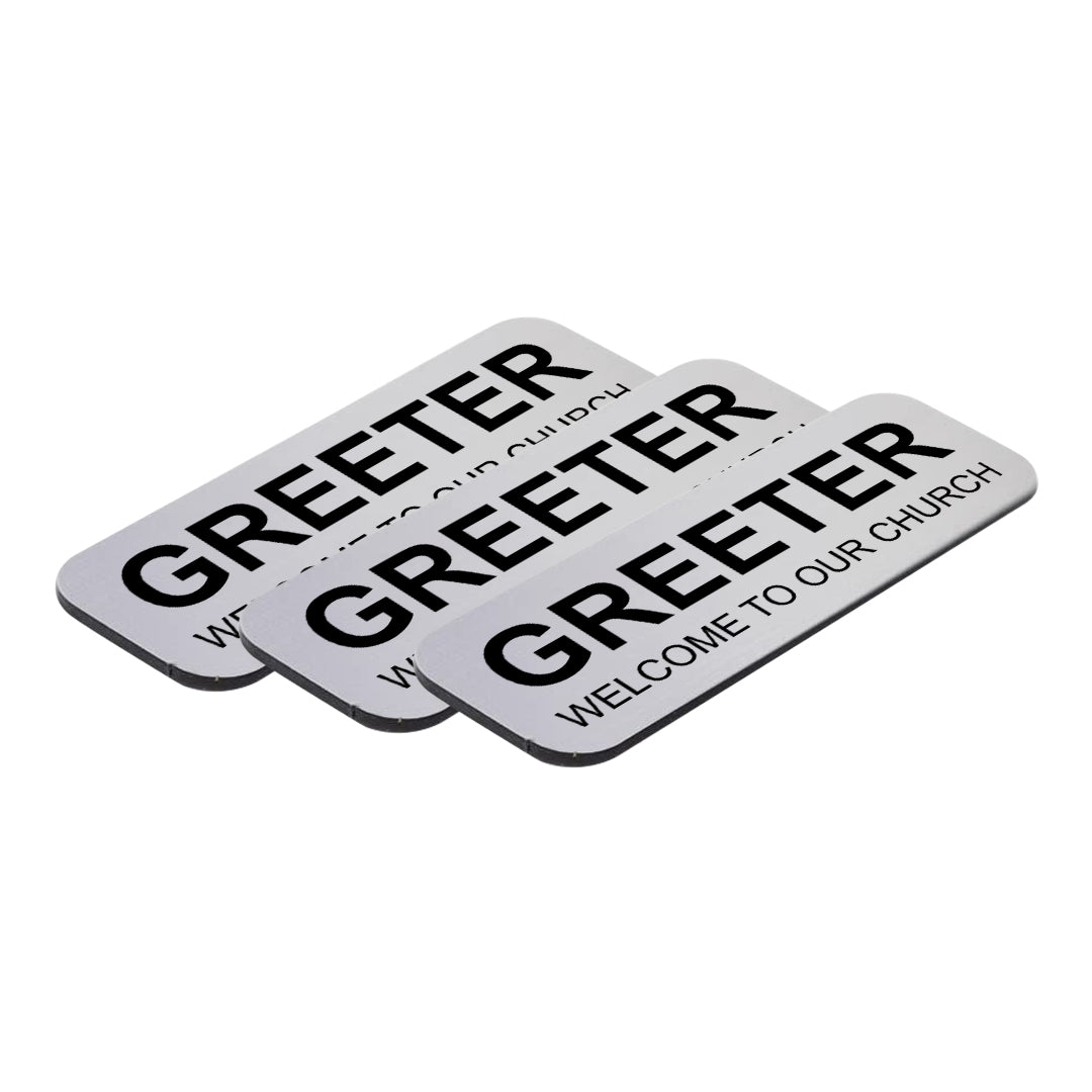 Brushed Silver Greeter Welcome To Our Church 1 x 3" Name Tag (3 Pack)