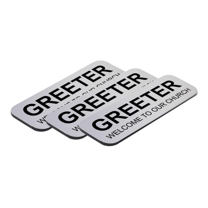 Brushed Silver Greeter Welcome To Our Church 1 x 3" Name Tag (3 Pack)