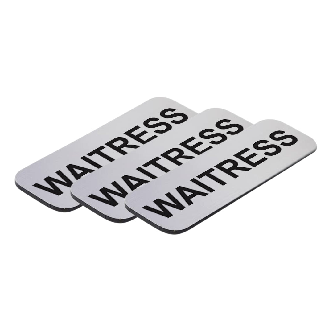 Brushed Silver Waitress 1 x 3" Name Tag, (3 Pack)