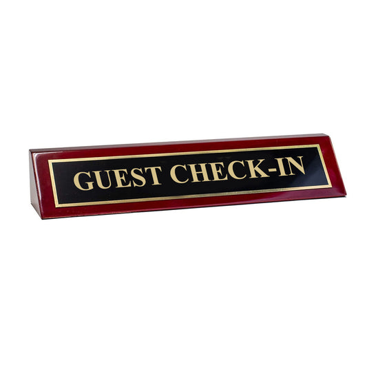 Piano Finished Rosewood Standard Engraved Desk Name Plate 'Guest Check-In', 2" x 8", Black/Gold Plate