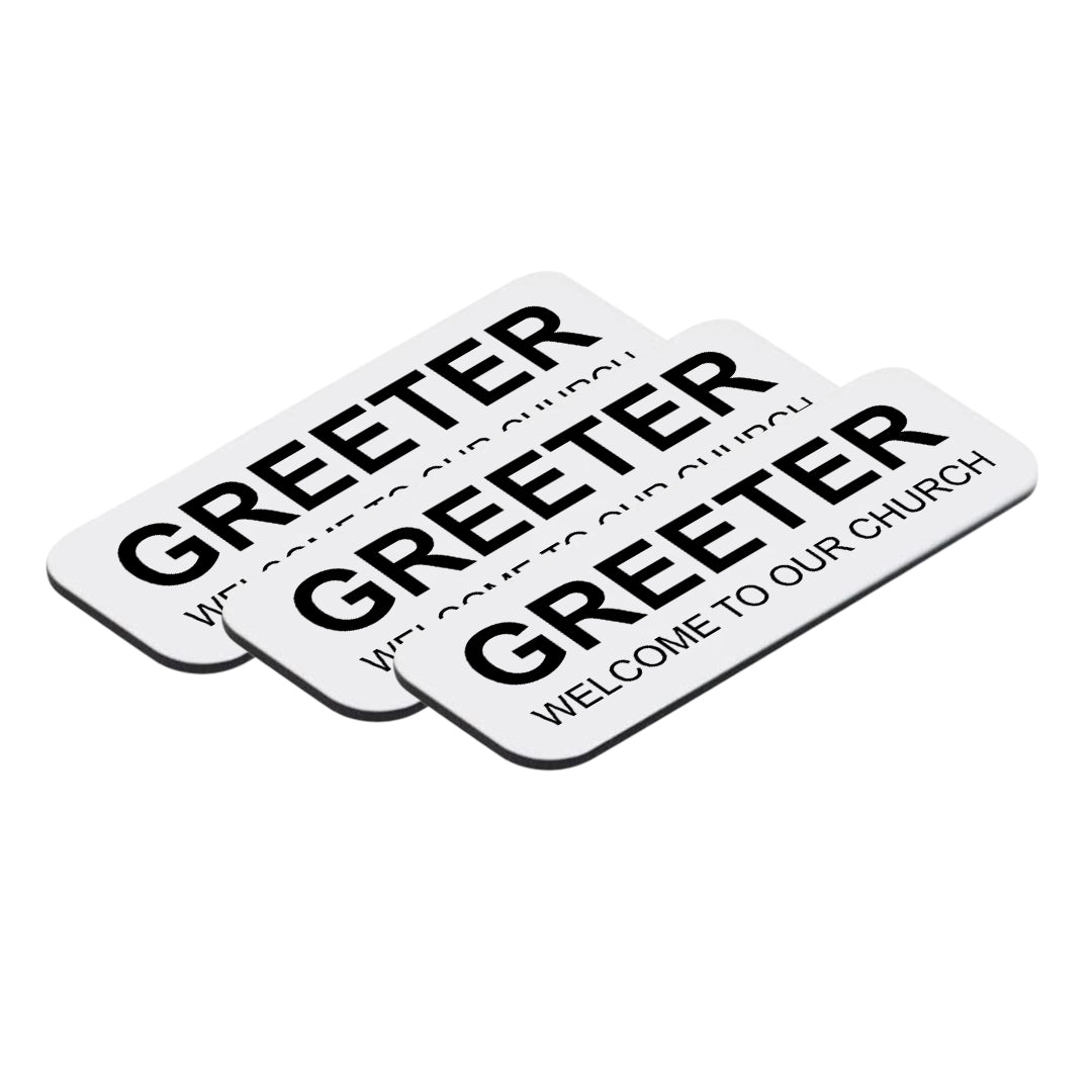 White Greeter Welcome To Our Church 1 x 3" Name Tag (3 Pack)
