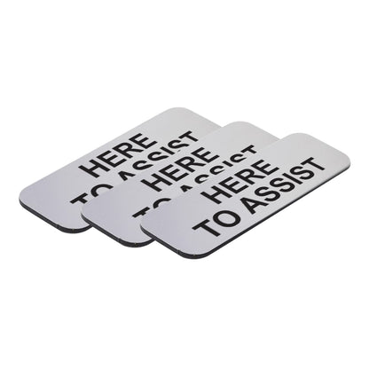 Brushed Silver Here to Assist 1 x 3" Name Tag (3 Pack)