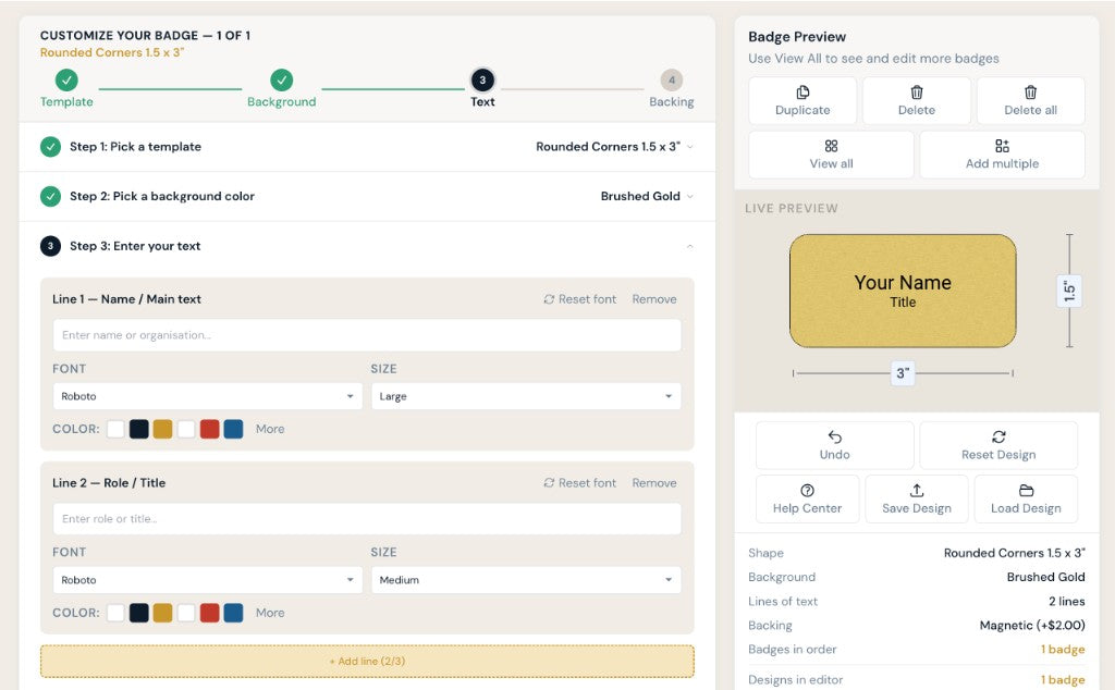 Badge customizer — live preview and design controls